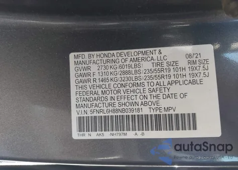 2022 Honda Odyssey Touring из США, поврежденный, VIN 5FNRL6H88NB039181